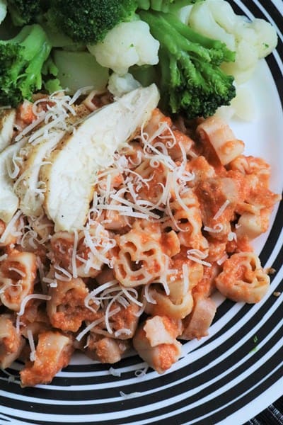 Lighter vodka sauce with pasta, chicken, and veggies