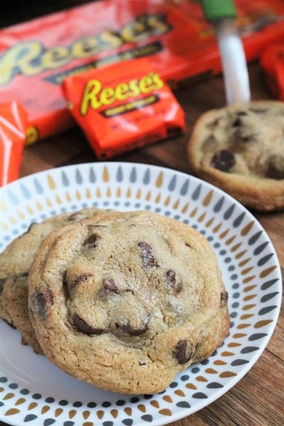 Big chewy chocolate chip cookies stuffed with peanut butter cups #thespiffycookie