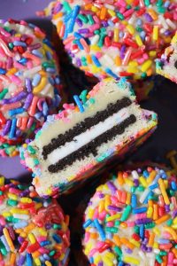 Inside of a Birthday Cake Oreo Cheesecake Cookie.