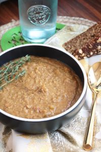 Split Pea Soup with Bacon in a bowl.