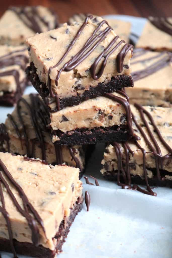 Stack of Chocolate Chip Cookie Dough Brownies.