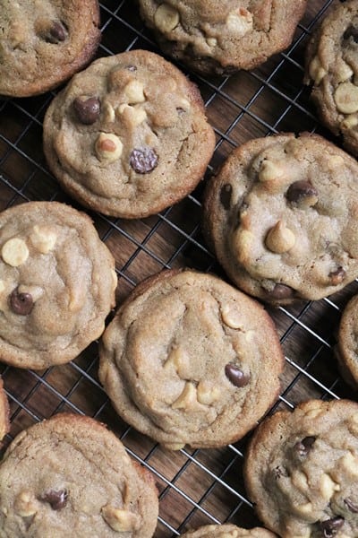 Malted Chocolate and Peanut Butter Chip Cookies on cooling rack