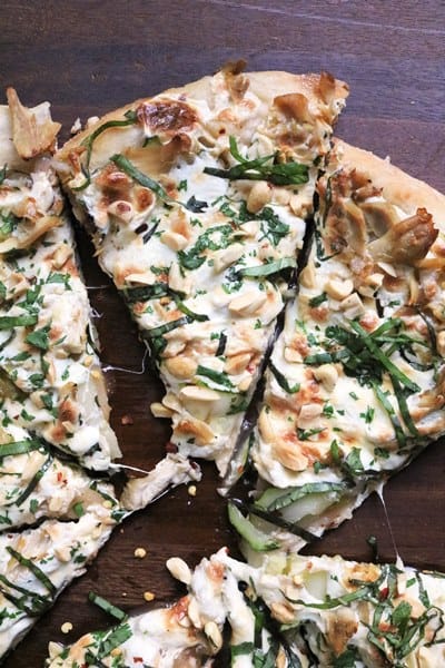 Thai Chicken Pizza with shallot and zucchini