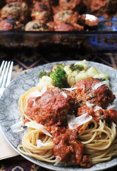 Baked Turkey Ricotta Meatballs with Spaghetti
