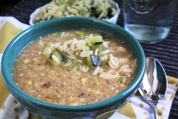 Corn Chowder served with Zucchini and Orzo