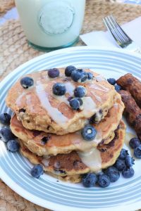 Blueberry Walnut Oatmeal Pancakes with Vanilla Maple Glaze