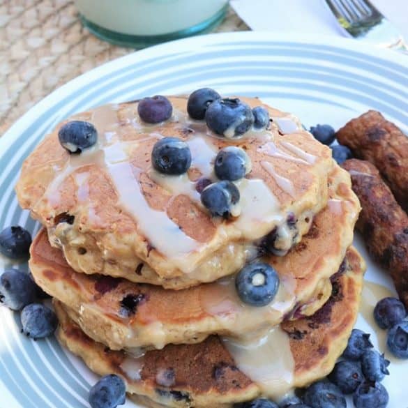 Blueberry Walnut Oatmeal Pancakes with Vanilla Maple Glaze