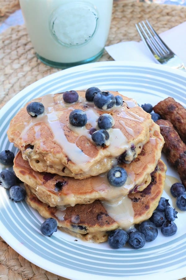 Blueberry Walnut Oatmeal Pancakes with Vanilla Maple Glaze