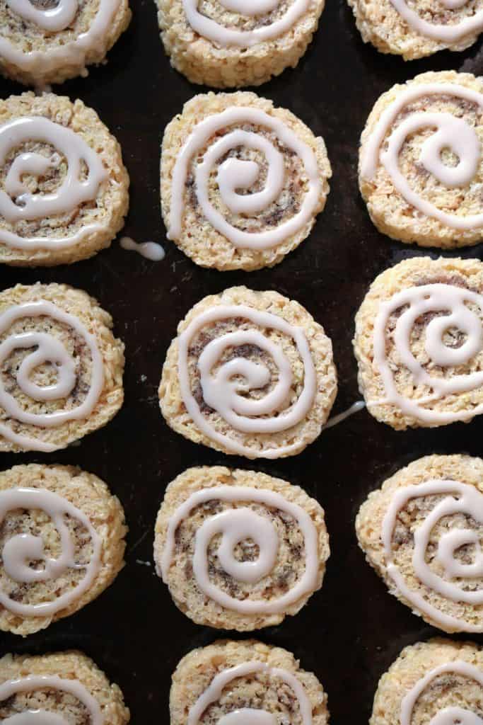 Tray of Cinnamon Roll Rice Krispies Treats.