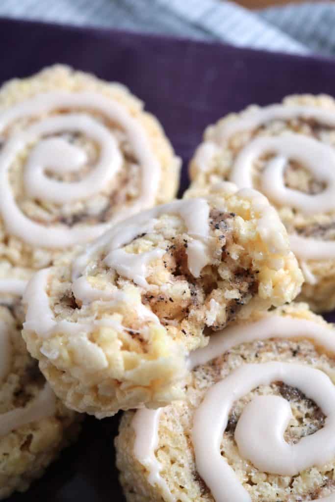 Bite out of a Cinnabon Roll Rice Krispies Treat.