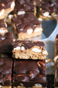 Stack of No Bake Peanut Butter S'mores Bars.