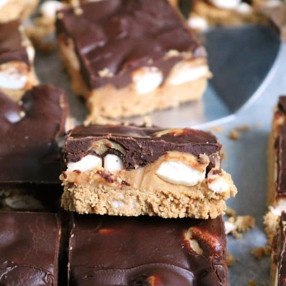 Stack of No Bake Peanut Butter S'mores Bars.