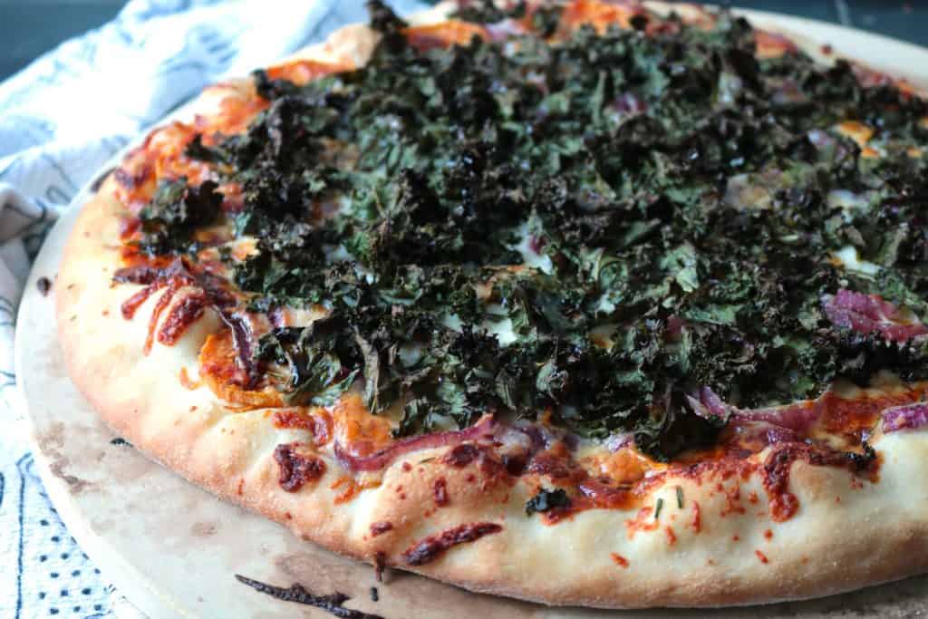 Sweet Potato and Red Onion Pizza topped with Crispy Kale and Rosemary.