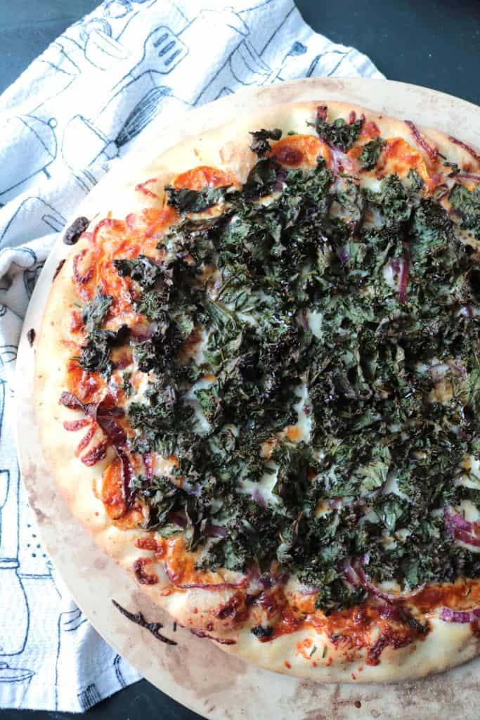 Sweet Potato Kale Pizza with Rosemary & Red Onion.