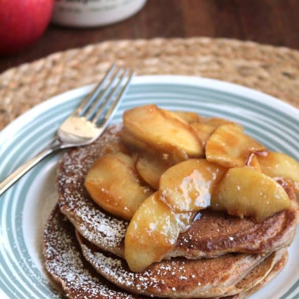 Greek Yogurt Pancakes topped with Apples.