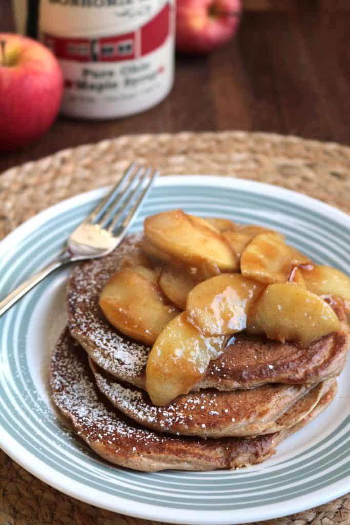 Greek Yogurt Pancakes topped with Apples.
