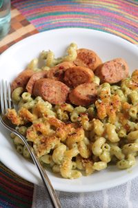 White Cheddar Arugula Pesto Mac and Cheese.