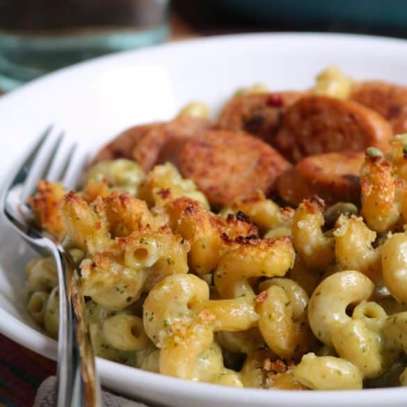 White Cheddar and Arugula Pesto Mac & Cheese.