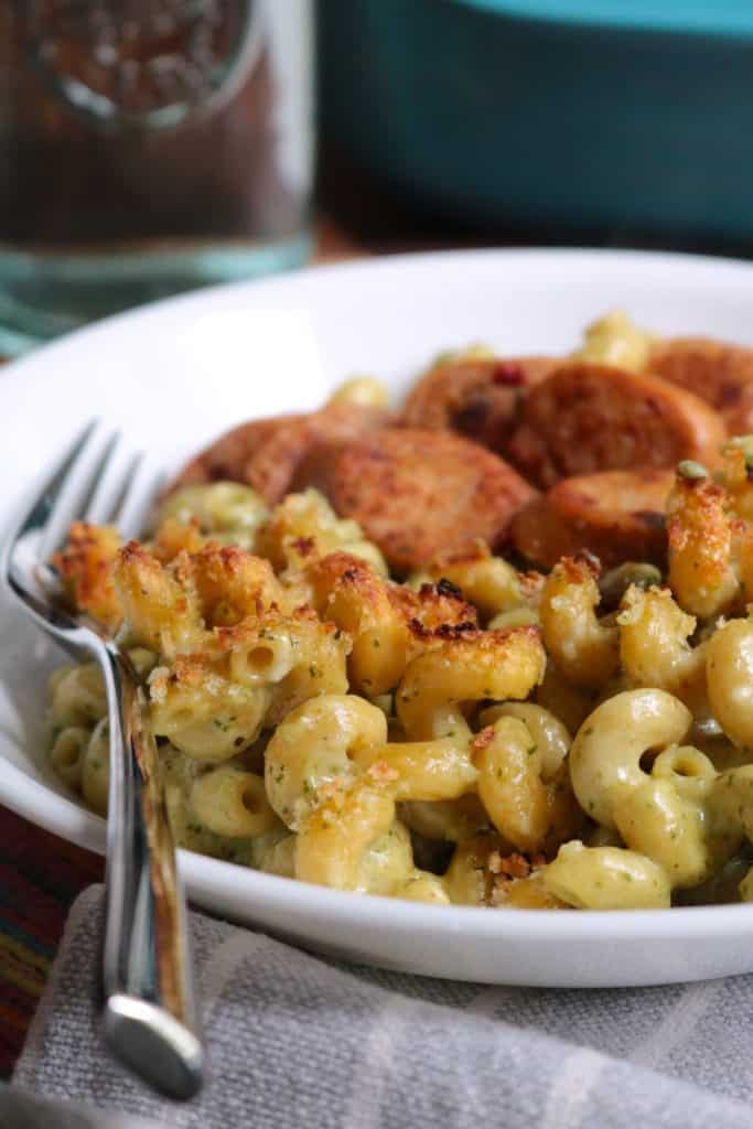 White Cheddar and Arugula Pesto Mac & Cheese.