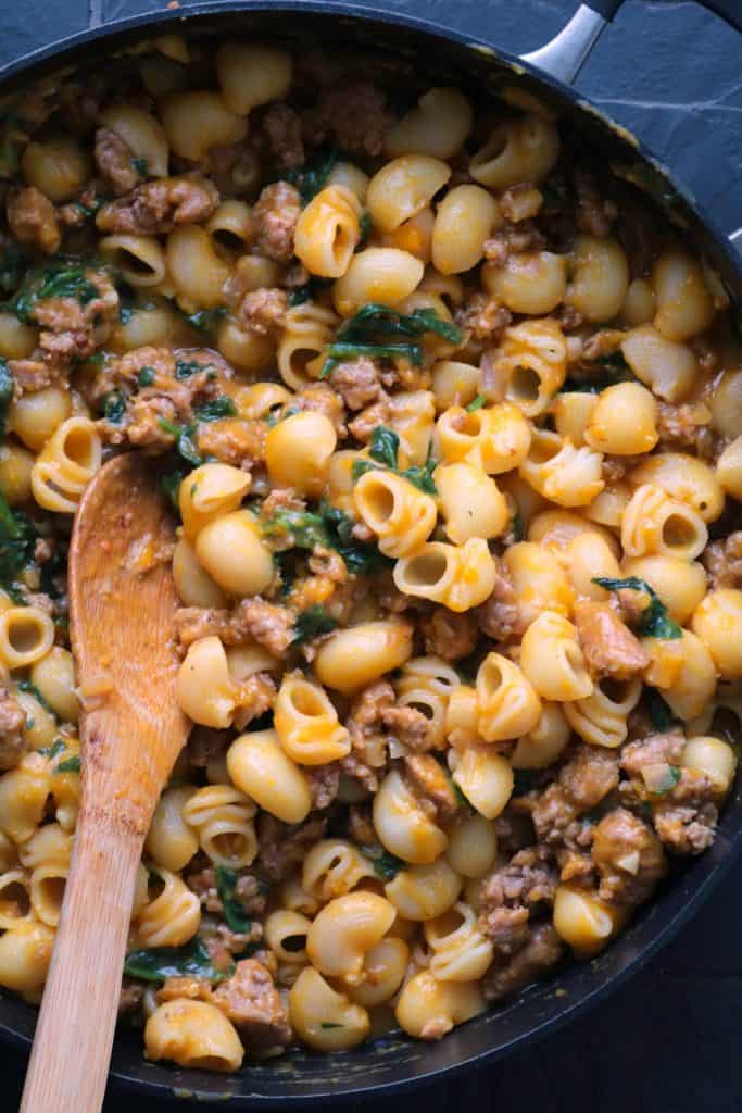 Skillet Pasta with Butternut Sauce, Spicy Sausage and Baby Spinach.