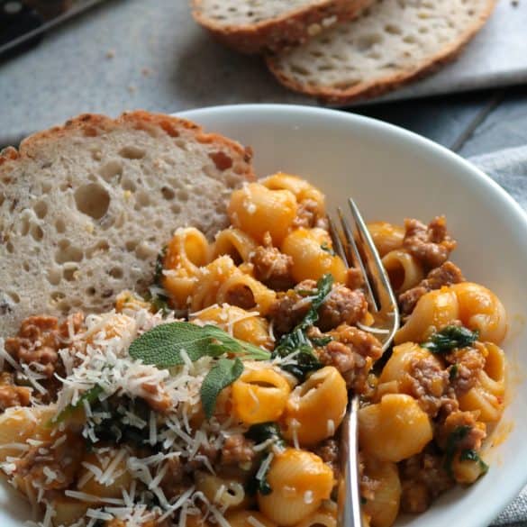 Bowl of Pasta with Butternut Sauce, Spicy Sausage and Baby Spinach.