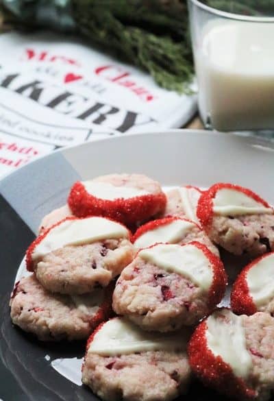 Cranberry Shortbread Cookies dipped in white chocolate