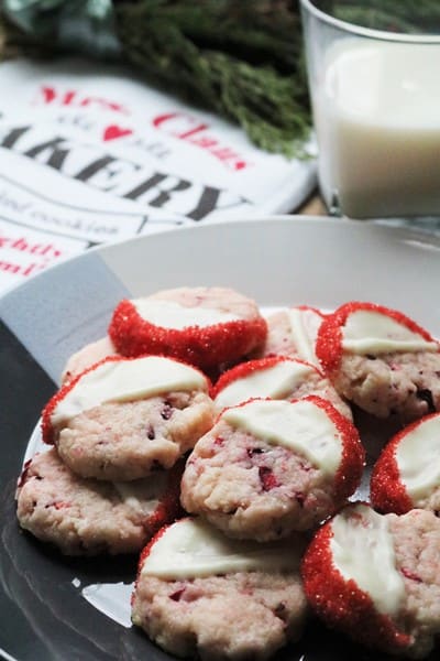 Cranberry Shortbread Cookies dipped in white chocolate