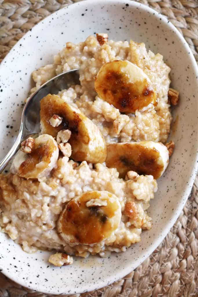 Serving of Baked Banana-Pecan Oatmeal in a Bowl.