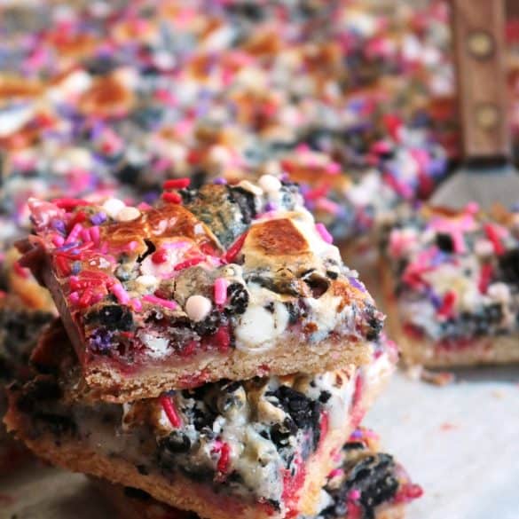 Valentine’s Funfetti 7 Layer Bars Stacked.