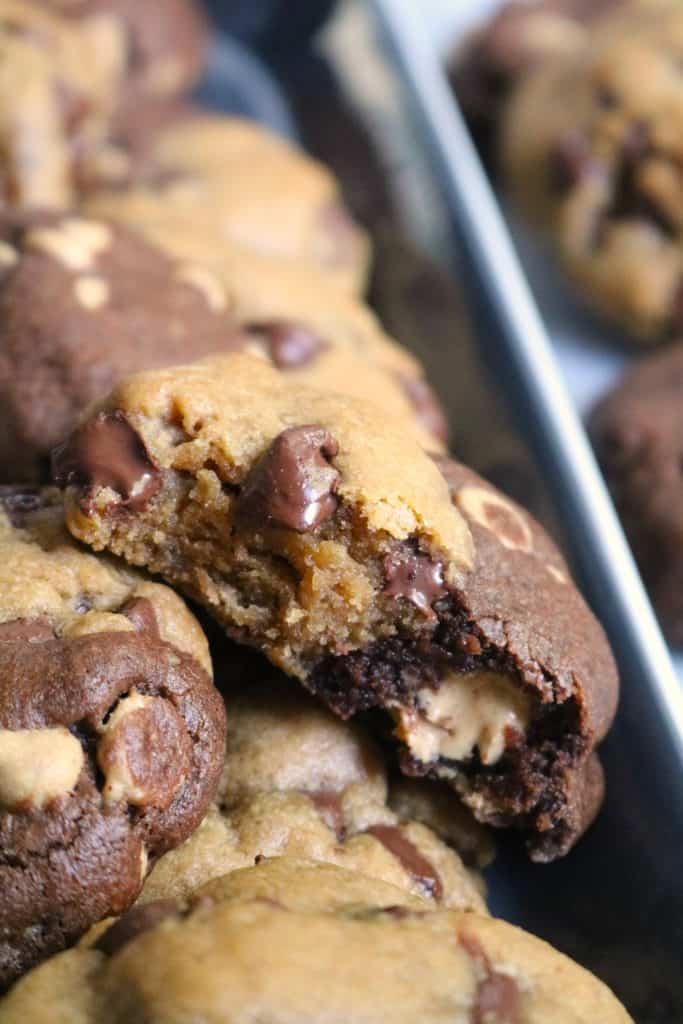 Cross section of a Dark Chocolate Peanut Butter Half & Half Cookie.