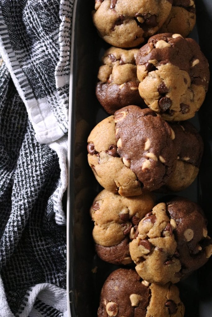 Dark Chocolate Peanut Butter Half & Half Cookies on a Platter.