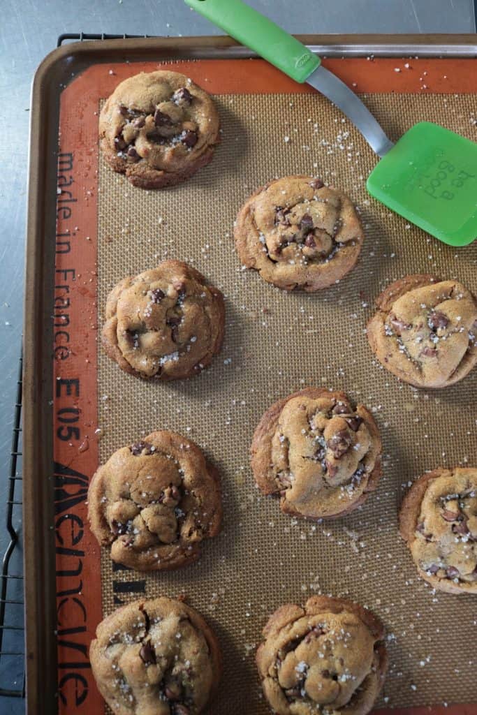 Nutella-Stuffed Brown Butter Chocolate Chip Cookies on Cookie Sheet.