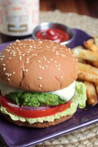 Spicy Edamame Burger served with fries.