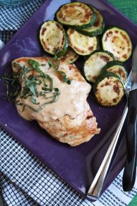 Creamy Chicken and Herb Skillet with Zucchini on a Plate.