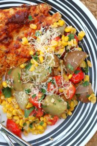 Baby Potatoes with Tomato Corn and BBQ Chicken.