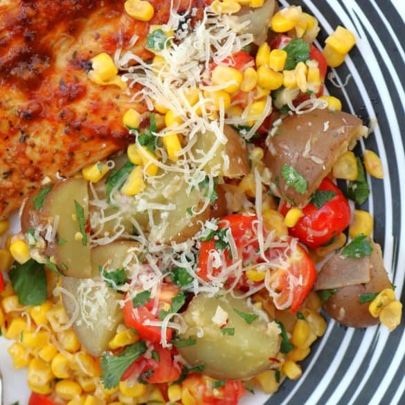 Baby Potatoes with Tomato Corn and BBQ Chicken.