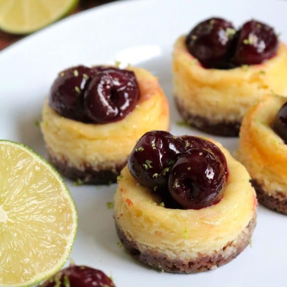 Mini Cherry-Lime Greek Yogurt Cheesecakes.