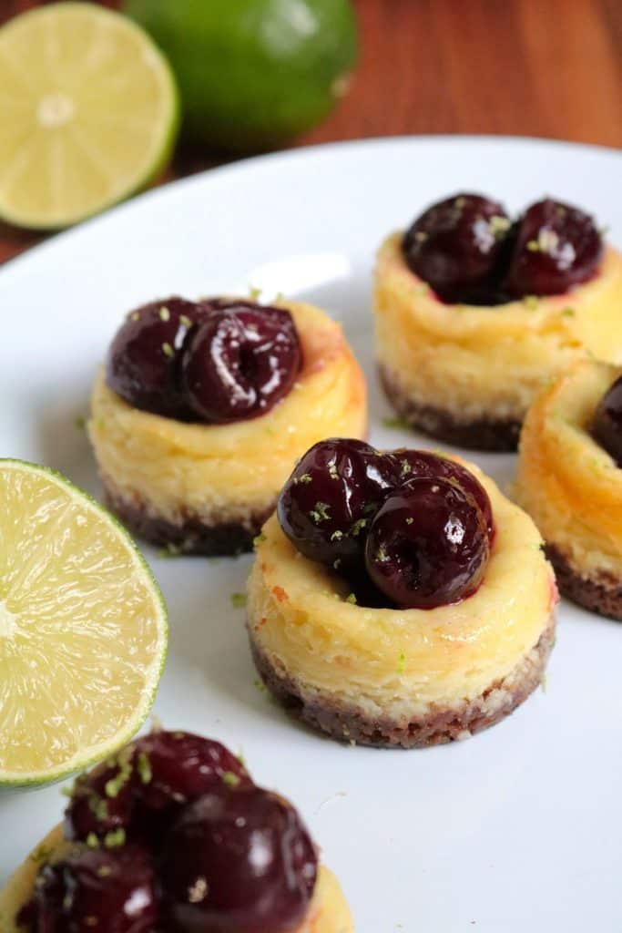 Mini Cherry-Lime Greek Yogurt Cheesecakes.