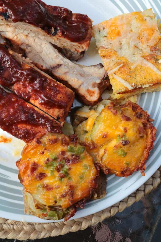 Individual Scalloped Potatoes with Ribs and Cornbread.