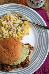 Sloppy Joses with Avocado Cream and Skillet Street Corn.