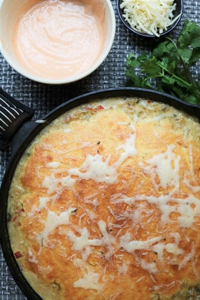 Cast Iron White Chili with Cornbread Topping and Chipotle Crema #chiliseason