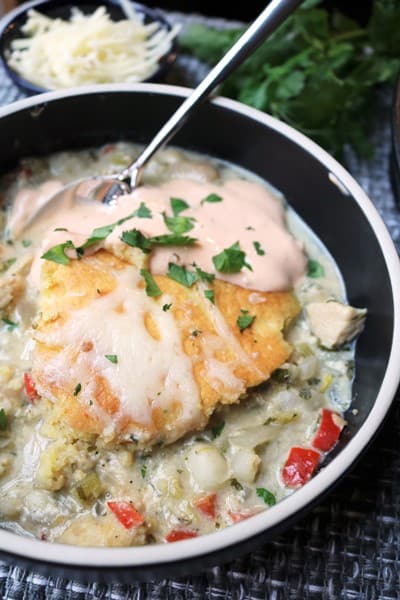 Ghost Chili with Cornbread Topping and Chipotle Crema #chickenchili #ghostchili