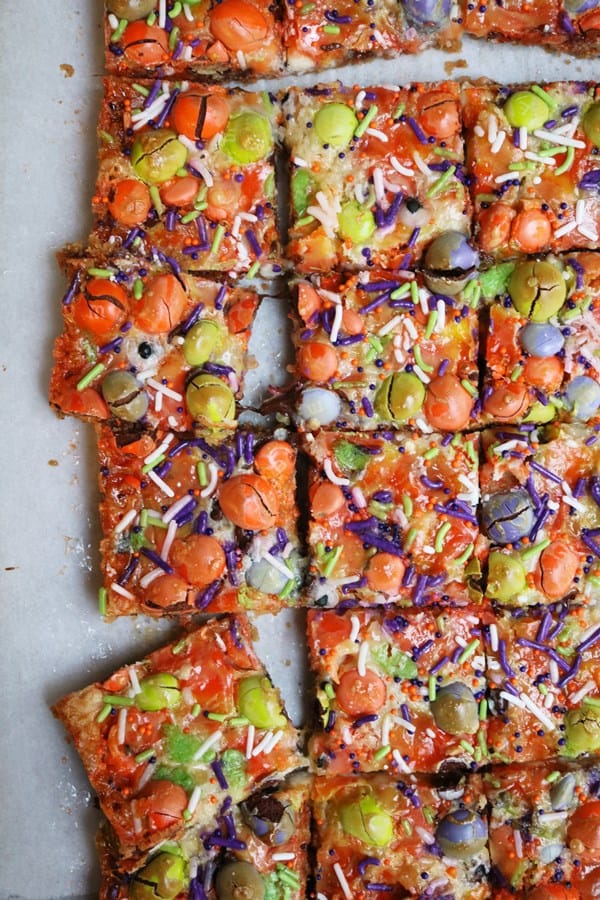 Halloween 7-Layer Bars cut into squares.