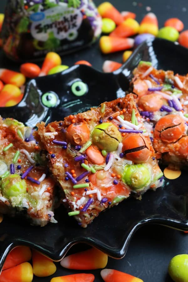 Halloween 7-Layer Bars on a bat plate.