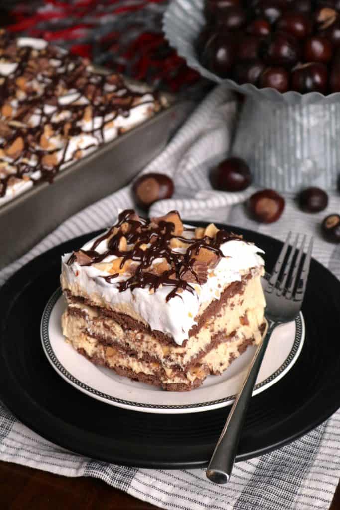 Chocolate Peanut Butter Cup Dessert Lasagna on a plate.