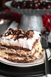 Slice of Chocolate Peanut Butter Cup Dessert Lasagna.
