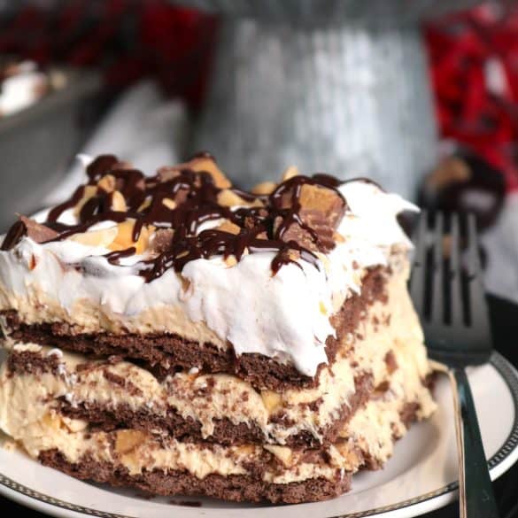 Slice of Chocolate Peanut Butter Cup Dessert Lasagna.