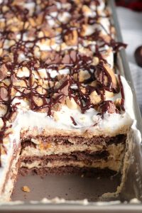 Layers of Chocolate Peanut Butter Cup Dessert Lasagna.