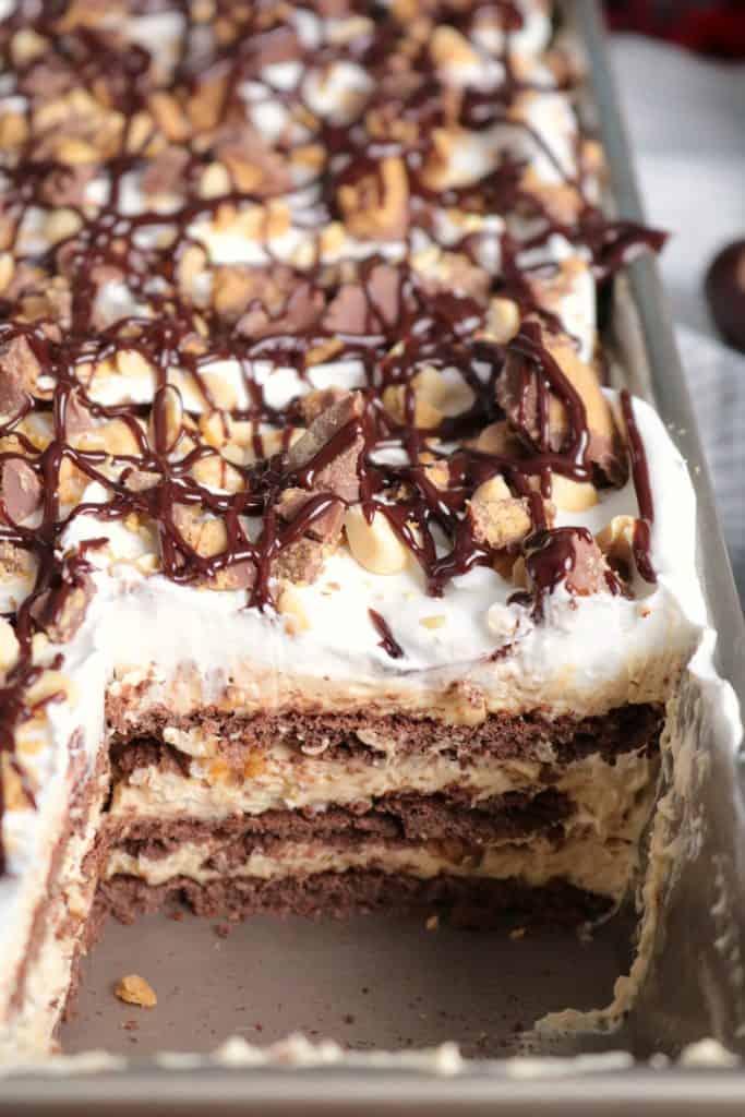 Layers of Chocolate Peanut Butter Cup Dessert Lasagna.