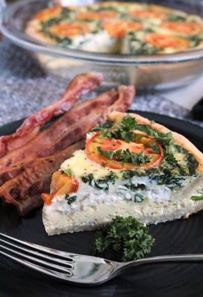 Goat Cheese, Spinach & Tomato Quiche with a side of bacon #brunch